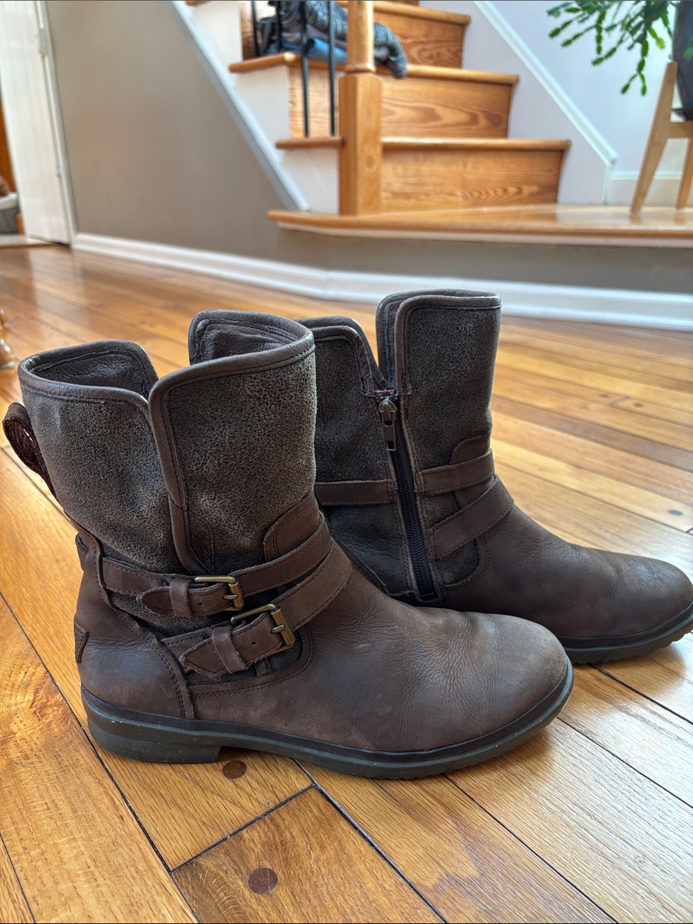 UGG Brown Leather Mid-Calf Buckle Booties